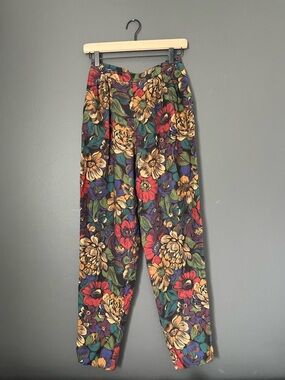 Vintage Dark Floral High Waist Taper Pants Ultra High Rise Ankle Length Size S/M